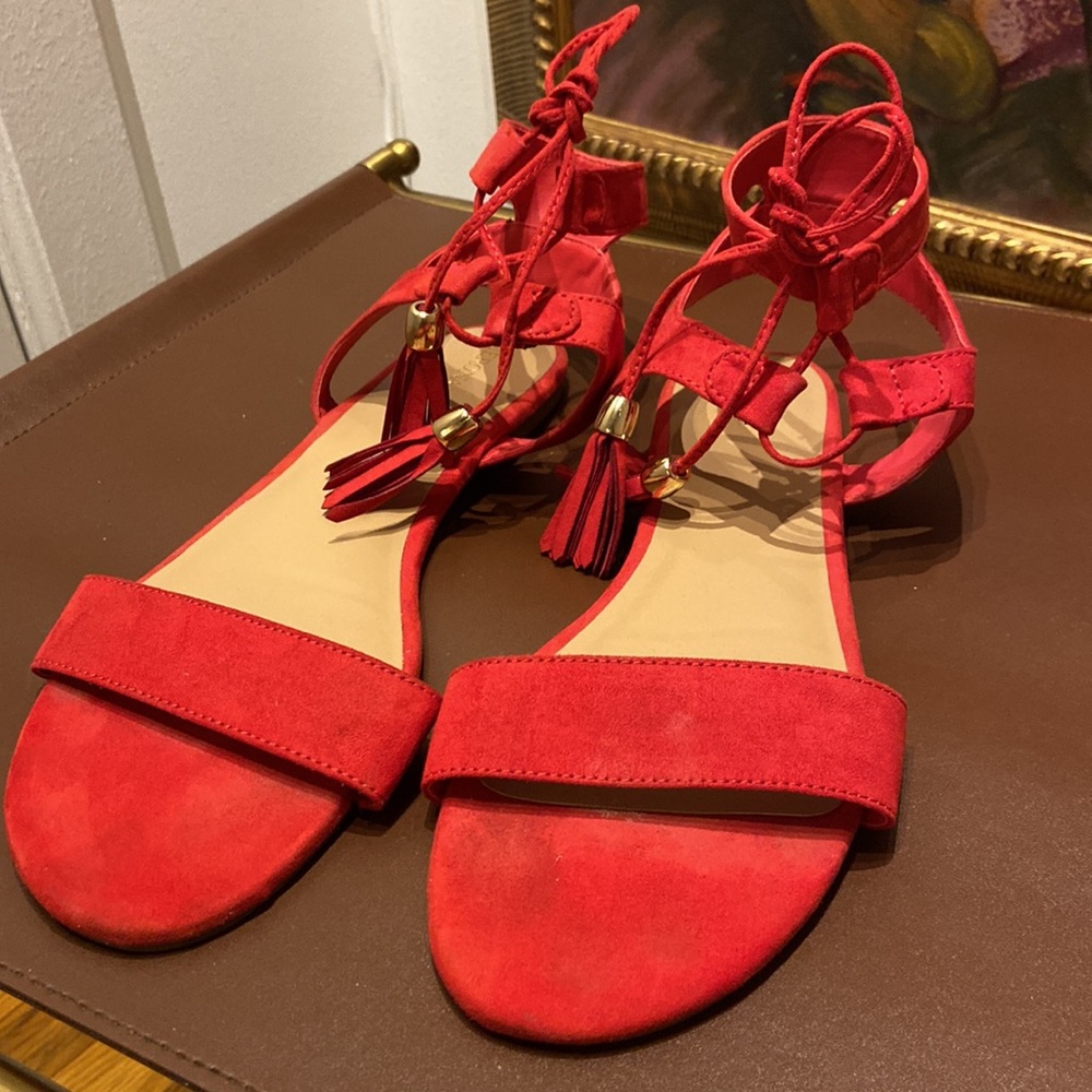 Merona straply red faux suede tassel tie sandals, size 11 - Picture 2 of 5